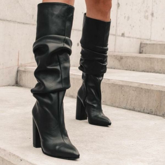 Hazel Slouched Chunky Heels Boots - Nude & Mocha - Picture 3 of 6